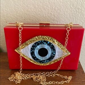 NEW Red Evil Eye Hardcase Bag with Gold Toned Chain
